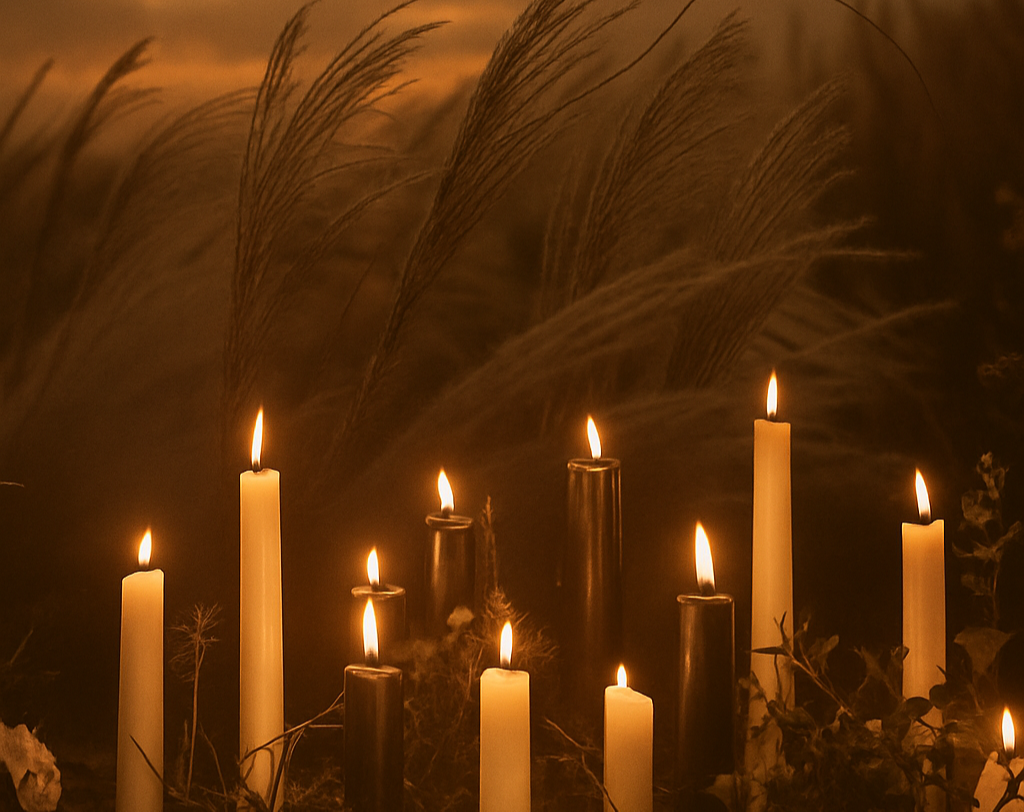 Candles lit in a field with a dramatic sky